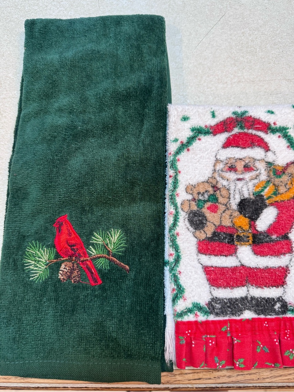 Embroidered Cardinal and Santa Vintage Holiday Hand Towels
